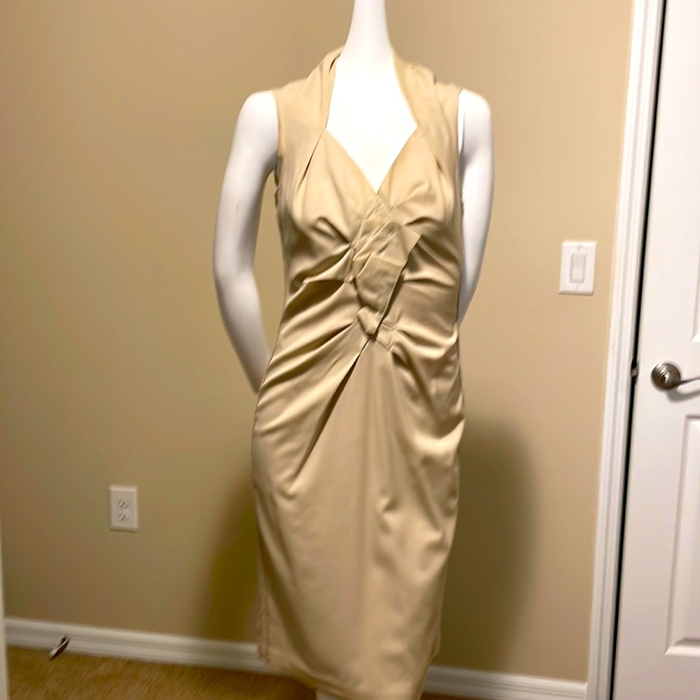 Magaschoni 100% Wool Crepe Origami Pleated Portrait Collar Sheath Dress 4 NWOT